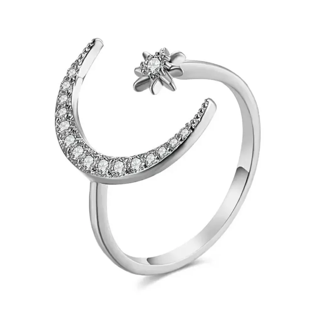Celestial Crescent Moon Star Silver Tone Crystal Adjustable Ring NWT